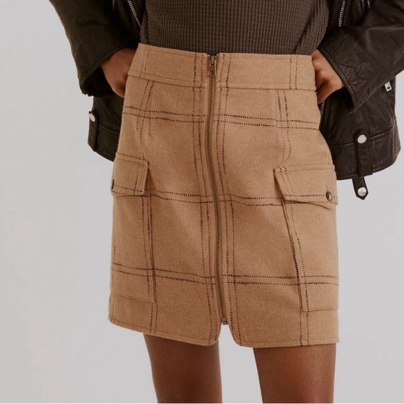 Madewell Zip-Front Wool Blend Mini Skirt Windowpane print Tan Size 8 Pockets - Picture 13 of 13